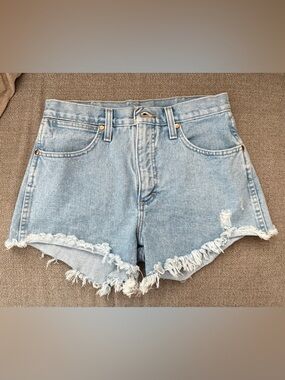 Wrangler Light Blue Distressed High-Rise Denim Shorts